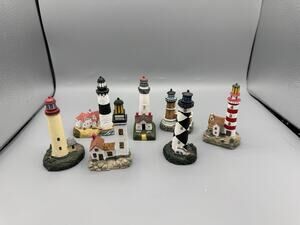 Lot of 7 Miniature Lighthouse Figurines Resin Coastal Nautical Beach Decor